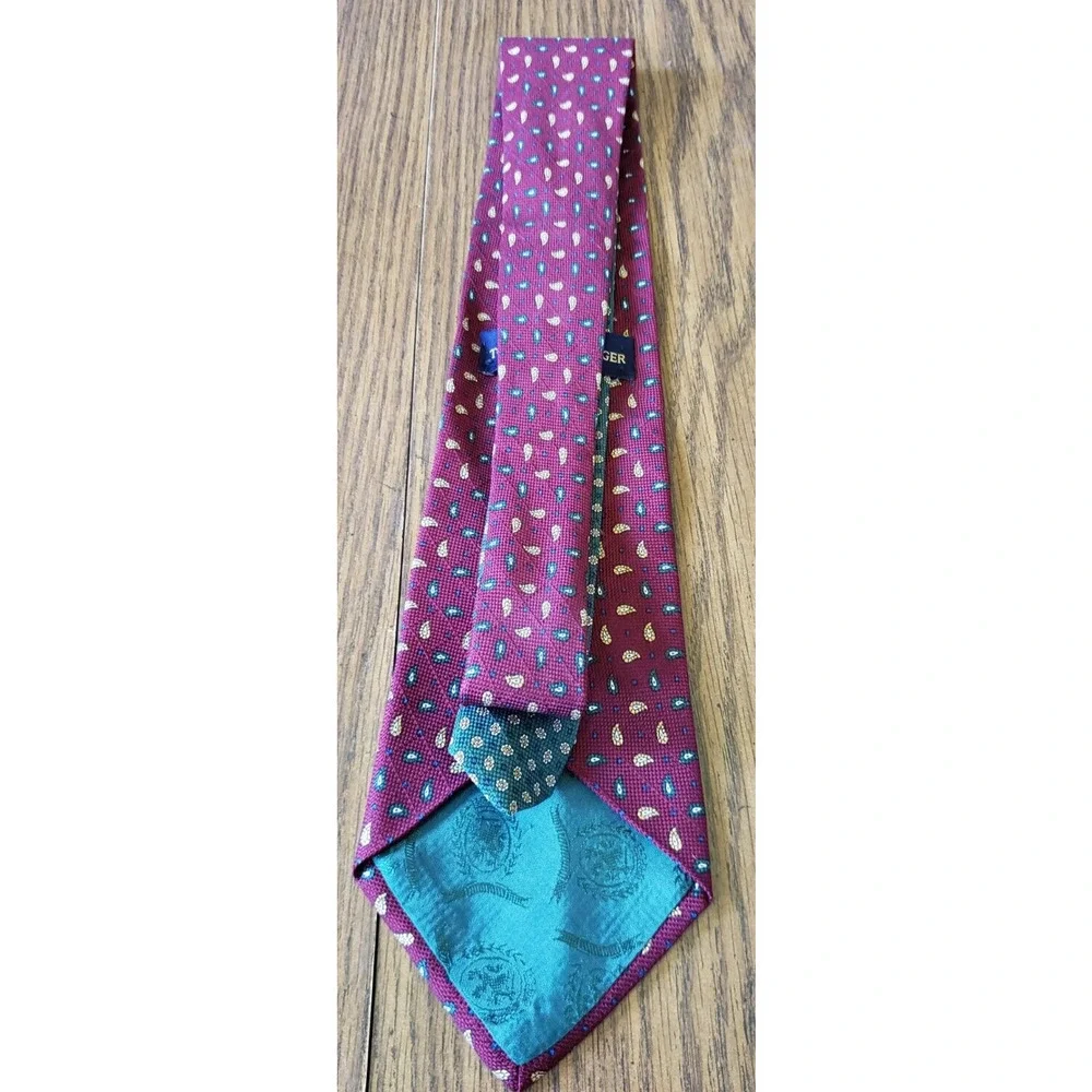 Tommy Hilfiger Mens Burgundy Light Blue and Yellow Diamond Pattern Necktie Tie